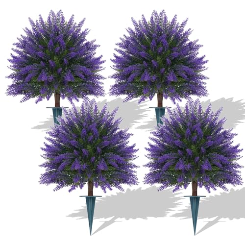 Yangrass Artificial Lavender Topiary Bushes with Ground Spike, 24" Set of 4 Faux Lavender Boxwood Ball Trees UV Resistant Fake Greenery Plants for Indoor & Outdoor Spring Porch Decor - color: Lavender 4pc
