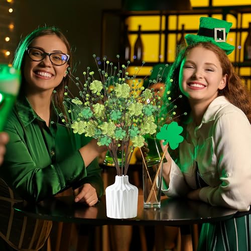 Sggvecsy St.Patrick's Day 6 Pcs Glitter Shamrock Berry Stems Artificial Foam Shamrock Picks Green Yellow Berry Branches for Irish St.Patrick's Day Arrangement Centerpiece Home Vase Decor - color: Green