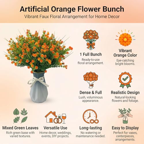 Babys Breath Artificial Flowers, 5pcs Fake Orange Baby Breath Gypsophila Flowers Artificial Bulk Realistic Artificial Flowers Bouquet Flores Artificiales Decoracion for Wedding Party Home Office Decor