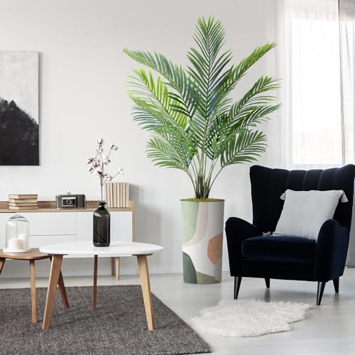 Artificial Tree in Multicolor Textured Geometric Shapes Illustrations Planter, Fake Areca Tropical Palm Silk Tree for Indoor and Outdoor Home Decoration - 66" Overall Tall (Plant Pot Plus Tree) - style: Areca Palm Tree