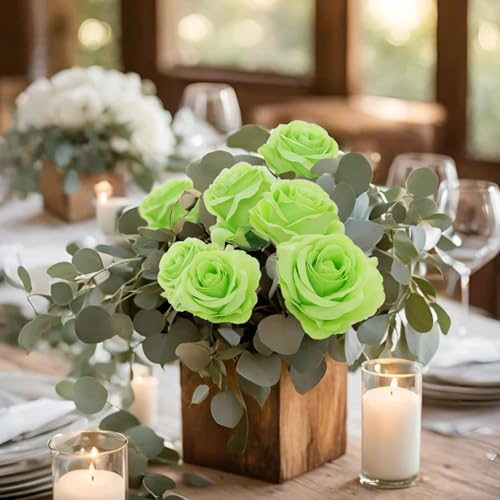 Felice Arts 12 Pack Light Green Artificial Flowers with Stems Silk Roses Fake Flowers Bouquet for Wedding Table Vase Home Kitchen Hotel Office Party DIY Decor - color: Light Green