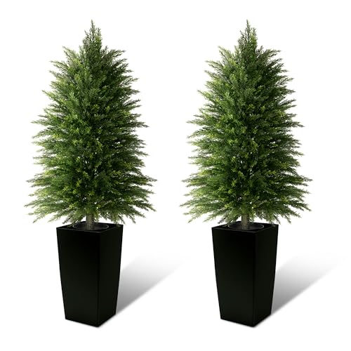 4FT Tall 2 Pack Artificial Cedar Topiary Trees with Full Bushy Columnar Shape, Realistic Faux Cypress in Square Black Pot with Fillable Water Bag, Outdoor Evergreen for Front Porch Garden Home Decor - color: Black-columnar Arbor, size: 4ft-2pack