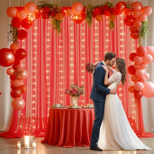 Red Tulle Backdrop Curtain with Lights String for Parites 10x8ft Red Sheer Backdrop Curtains Drapes for Birthday Party Bridal Shower Baby Shower Christmas Wall Photo Booth Background Decorations - color: Red, size: 10 ft X 8 ft(2 Panels 5ft X 8ft)
