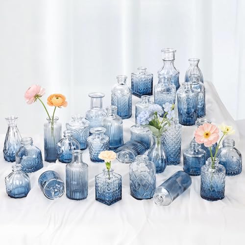 Babenest 30pcs Blue Small Bud Vase Set, Mini Gradient Glass Flower Vases in Bulk, Decorations Vintage Little Vase for Rustic Wedding Party Home Office Recepetion Centerpieces Table Decor - color: Blue, size: 30pcs