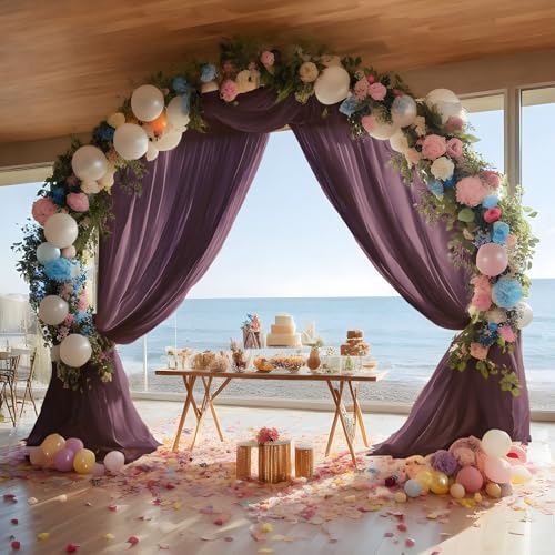 Royal Purple Wedding Arch Draping Fabric Shimmery Sheer Drapes 3 Panels Backdrop Curtains for Wedding Anniversary Summer Outdoor Events 4th July Drapery, 31" x 20 ft - color: Royal Purple, size: 240" L x 31" W (3 Panels)