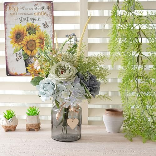 LUEUR Fake Flowers with Vase, Artificial Blue Dahlia & Rose Arrangement, Spring Floral Centerpiece for Dining Table, Coffee Table & Farmhouse Home Decor Spring Decorations - color: Blue & Green