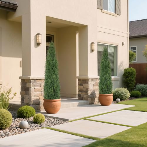 Artificial Cedar Topiary Trees 5 FT Faux Cedar Tree for Outdoor Planters Evergreen Plant, 60 inch UV Rated and Lush Fake Cypress Tree Shrubs for Gateway Front Door Porch Patio Garden, Set of 2 - color: Deep Green, size: 5 FT