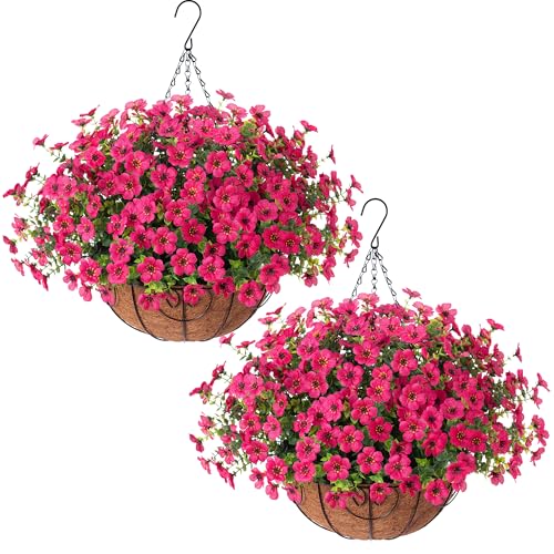 HyeFlora 2 Set Artificial Outdoor Flowers Hanging Basket, Faux Hanging Plants for Outside Spring Decoration, Fake Silk UV Resistant Look Real Daisy for Porch Patio Home Decor - color: Rose Red