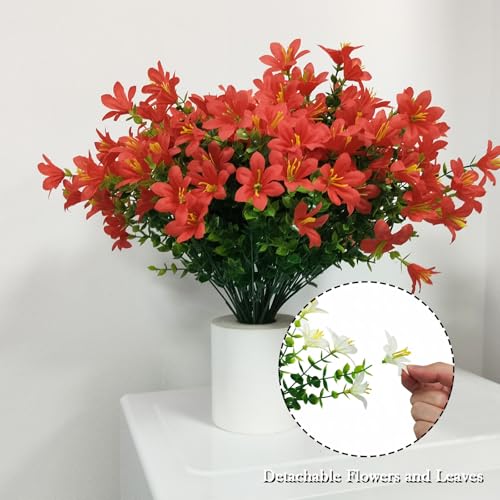 8 Bundles Artificial Flowers, Fake Lilies Silk Flower Plants with 21 Heads per Bouquet for Indoor/Outdoor Wedding Home Vases Floral Arrangements Decor, Red - color: Red