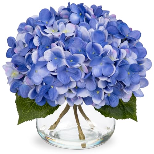 Hollyone Blue Hydrangea Artificial Flowers with Vase Silk Blue Hydrangeas Fake Flowers Arrangements Floral Bulk Bouquet in Glass Vase with Faux Water for Bathroom Table Centerpiece Home Decorations - color: Hydrangea, Slate Blue
