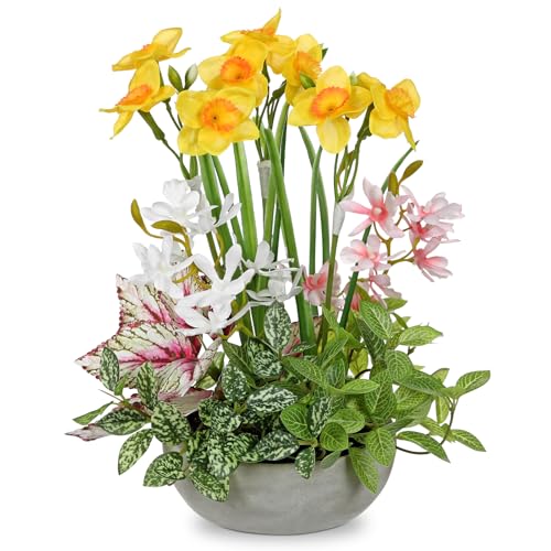 Flower Centerpieces 11.8" Artificial Plants & Flowers in Pot Mixed Artificial Daffodils with Pink Flowers Green Plant, Realistic Farmhouse Flowers Arrangements for Table Office Desk Kitchen Home Decor - color: Yellow