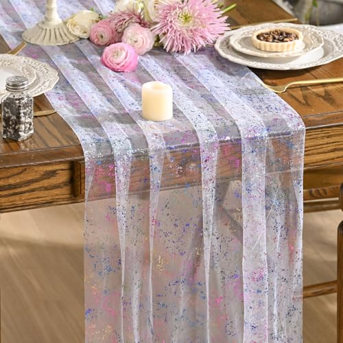 Artoid Mode Colorful Gold Gauze Table Runner 120 Inch 10FT, Glitter Metallic Foil Sheer Dining Wedding Anniversary Holiday Birthday Table Decor for Home Party - color: Multi Color, size: 28" x 120"