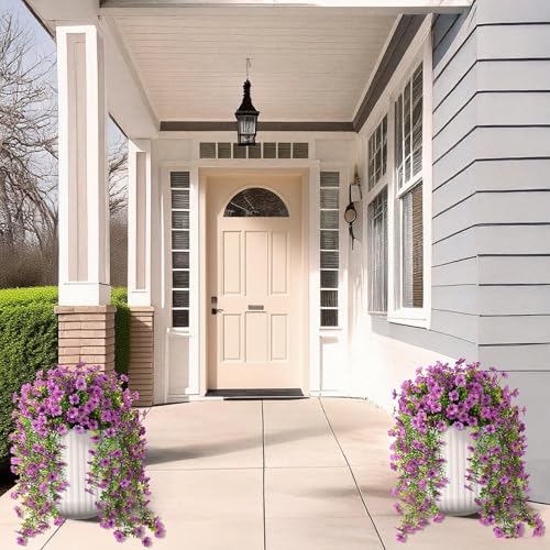 Artificial Hanging Flowers Plants for Outdoors, 2 PCS UV Resistant Faux Silk Daisy(132 Branches Per Bundle), Home Garden Balcony Yard Porch Decor(Purple) - color: Purple