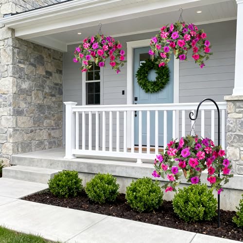Artificial Petunia Flowers with Hanging Basket for Outdoors, 3 Pcs Fake Hanging Flowers UV Resistant Faux Silk Plants for Garden Porch Yard Patio Realistic Home Spring Decor(Purple Fuchsia) - color: F-fuchsia Basket