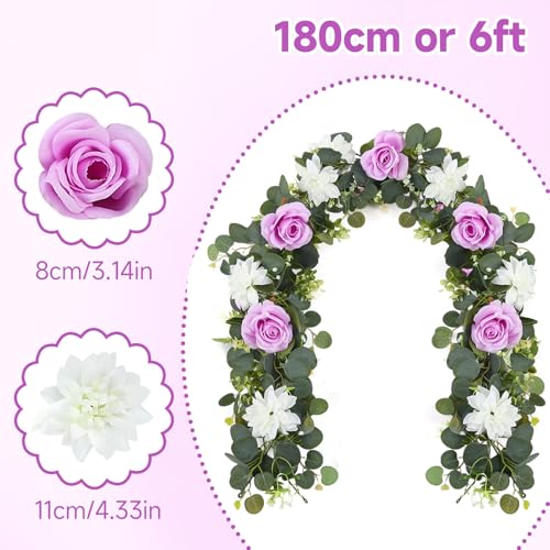 4 Pack Wedding Garland Set, Purple Rose & White Dahlia Hanging Flower Vines for Wedding Arch, Backdrop, Mantel, Home Decor (5.91ft) - color: Purple White