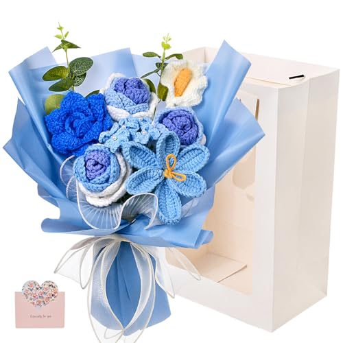 Crochet Flowers Bouquet, Knitted Rose Tulip Calla Lily Flowers Bouquet for Mother's Day, Father's Day, Birthday, Graduation, Home Décor, Gifts for Mom, Dad, Lovers, Friends, Blue - color: Blue