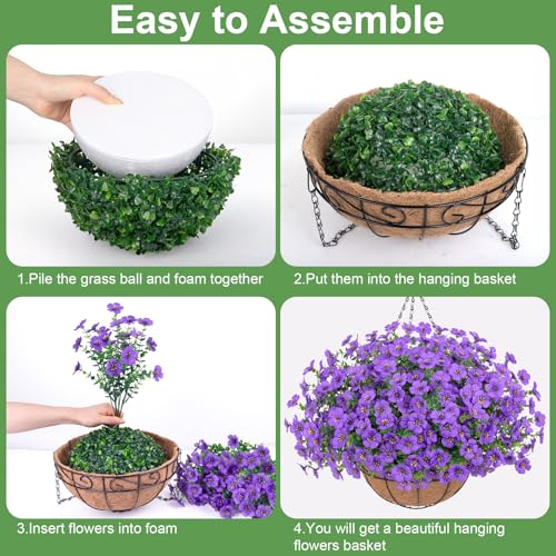 Bassion Artificial Hanging Flowers for Outdoors, UV Resistant Silk Flowers Basket Purple Faux Daisy with Eucalyptus Leaves Hanging Fake Plants for Porch Balcony Patio Home Spring Summer Decoration - color: Purple