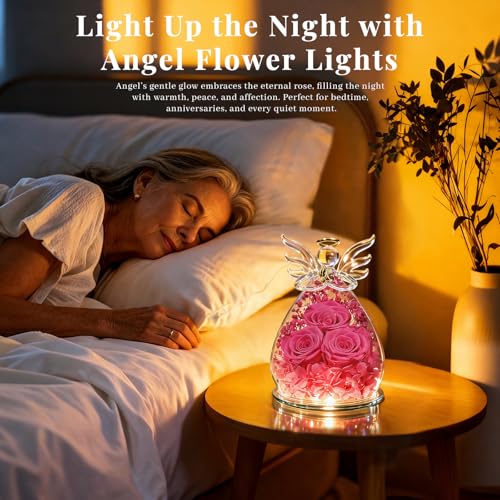 Beferr Gifts for Mom Birthday Gifts for Women, Fresh Flowers for Delivery Forever Preserved Rose in Glass Angel Figurine, Anniversary Christian Real Rose for Grandma Wife Mother from Daughter Son - color: I Rose Red