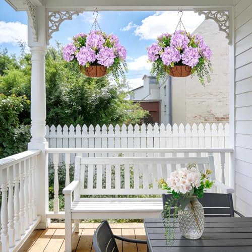 Ammyoo Artificial Flowers in Hanging Basket Planter for Home Spring Summer Decoration, Silk Hydrangea Outdoor Indoor Arrangements, 12" Metal Coconut Lining Basket with Faux Plant(Light Purple) - color: Z-light Purple With Basket