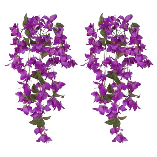 IPOPU Bougainvillea Artificial Hanging Flowers 2PCS Faux Trailing Plants Fake Flower Vine UV Resistant Realistic Silk Flowers for Outdoor Home Patio Garden Porch Wedding Wall Decorations (Fuchsia) - color: Fuchsia