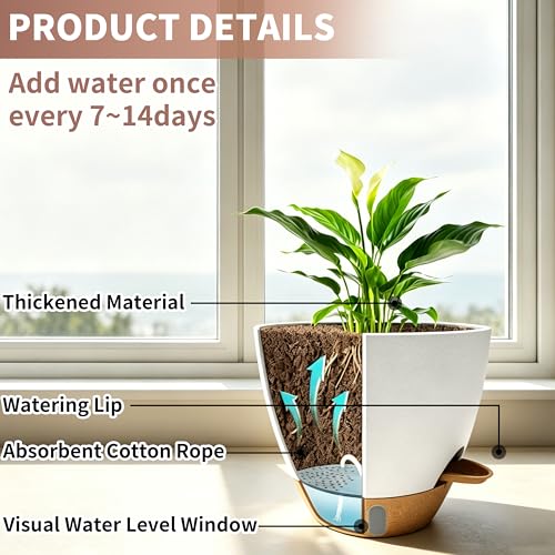 4-Pack Large Self Watering Pots for Indoor Plants, 12/10/9/8 Inch Planters with Visible Water Level Window, Automatic Watering System for Monstera, Fiddle Leaf, Herbs, Succulents, White - color: White+