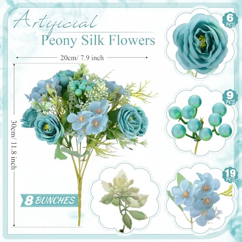 Yungyan 8 Pcs Wedding Artificial Rose Flowers Fake Roses Silk Hydrangea Berry Bouquet 12 Inch Faux Flowers for Bridal Wedding Party Floral Home Decoration Table Centerpieces(Teal Blue)