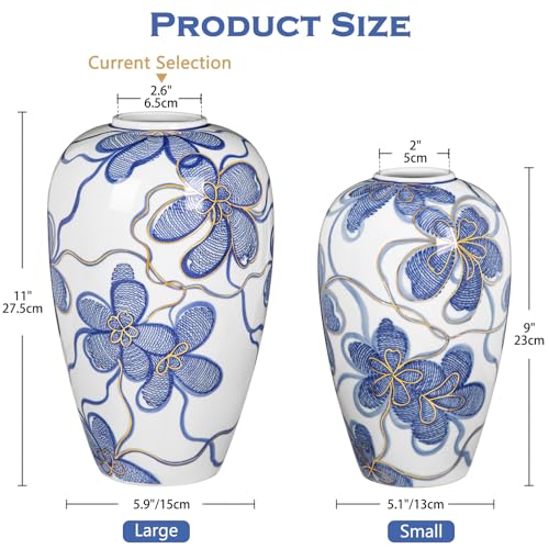 Blue and White Ceramic Vase for Home Decor – Hand-Painted Porcelain Flower Vase with Gold Accents – Chinoiserie-Inspired Home Decor Vase – 11" for Table, Shelf, or Mantel - size: 11"