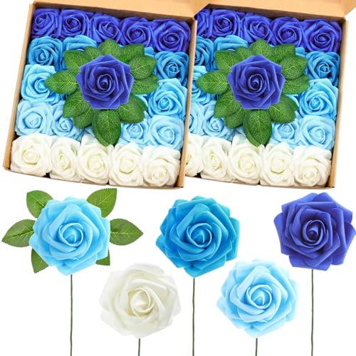50 Pcs Artificial Foam Rose Flower Faux Bouquet Wedding Fake Rose Gift for Mother's Day Women DIY Bridal Shower Party Table Birthday Home Spring Decor (Gradient Blue) - color: Gradient Blue