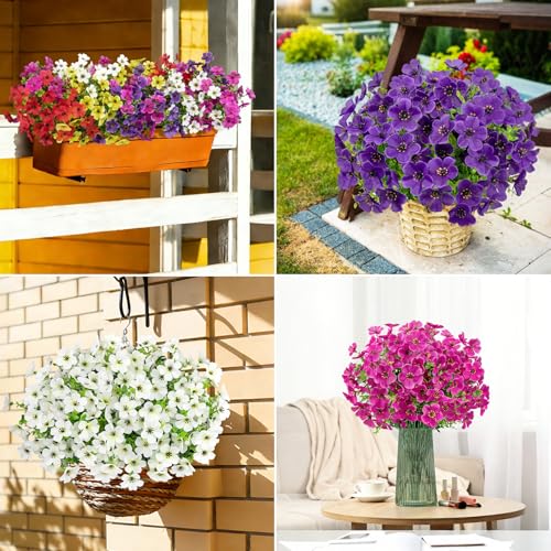 20 Bundles Artificial Flowers for Outdoors, Fake Violet Flowers Silk Realistic UV Resistant Faux Artificial Plants Outdoors for Window Box Garden Patio Front Porch Home Indoor Outside Decorations - color: Purple Fuchsia White Yellow Red