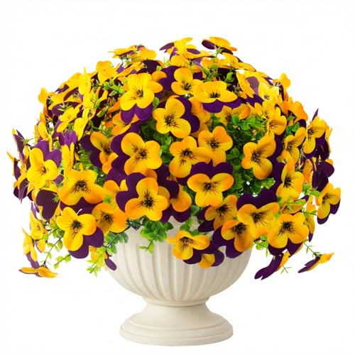 lovemoon 16 Pcs Artificial Pansy Flowers for Outdoors Yellow Faux Silk Spring Flowers for Outside, UV Resistant Realistic Pansies for Window Front Door Porch and Garden Home Decor (16, Purple,Yellow) - color: Purple,yellow
