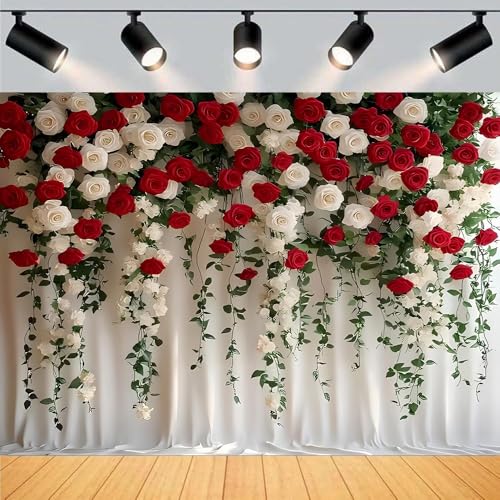 White and Red Rose Floral Theme Backdrops Rose Flowers Vine Leaves Photography Background Bridal Shower Wedding Reception Ceremony Portrait Photo Background(B, 5 * 3feet) - color: B, size: 5*3feet