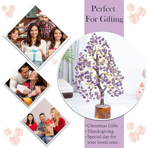 Crocon® Amethyst Tree of Life, Birthday Gifts for Women & Men, Purple House Decor for Shelf Healing Crystals, Spiritual Gift Purple Decor, House Warming Gifts New Home, Birthday Gift for Mom Sister - color: Bg Amethyst (Golden Wire)