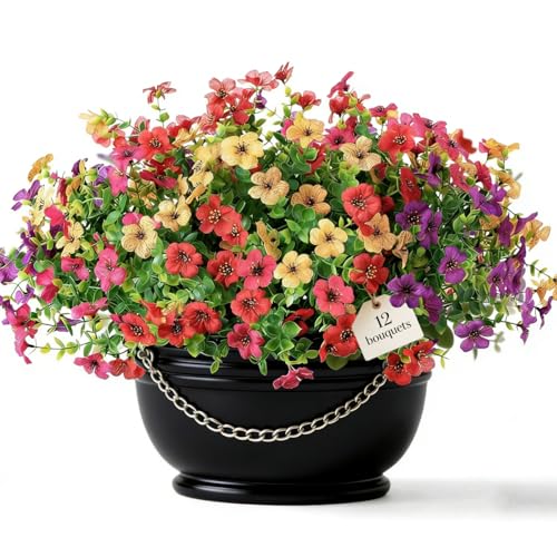 Artificial Flowers for Indoor & Outdoor Decoration - 12 Bundles Faux Daisies with Eucalyptus Leaves Fake Greenery for Garden, Home, Porch, Patio, Boxwood (12 Pcs Mix Pink Red Purple Yellow) - color: 12 Pcs Mix Pink Red Purple Yellow