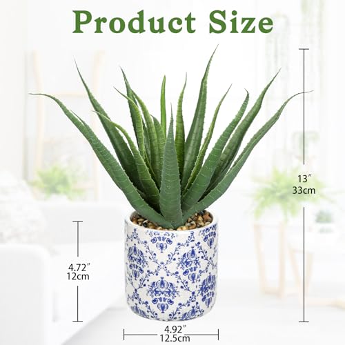 Briful Agave Plants Artificial Succulents Fake Plant in Blue Vase, 9'' Tall Realistic Faux Aloe Vera for Home Decor Indoor Centerpiece Table Kitchen - color: Aloe Blue Ceramic Vase