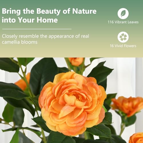 Goplus 36’’ Artificial Camellia Tree, 2 Pack Flower Plants Artificial Tree, Faux Floral Plant Blooming Tree in Nursery Pot, Greenery Potted Plant for Indoor Office Home Porch Decor, Orange - color: Orange, size: 36 inch×2