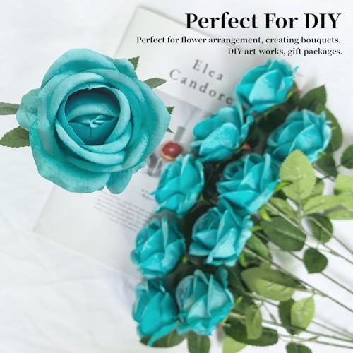 10 PCS Artificial Roses with Long Stems Silk Flowers Realistic Foam Flowers Fake Roses for Valentine's Day Autumn Fall Decor Halloween (Peacock Blue) - color: Peacock Blue