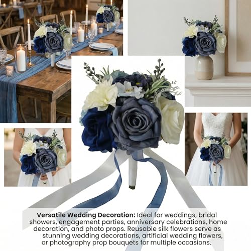 Wedding Bouquets for Bride, Dusty Blue Bridal Bouquet | Realistic Silk Rose for Rustic Boho Church Ceremony, Proposal, Thanksgiving, Wedding Decor - color: Dusty Blue