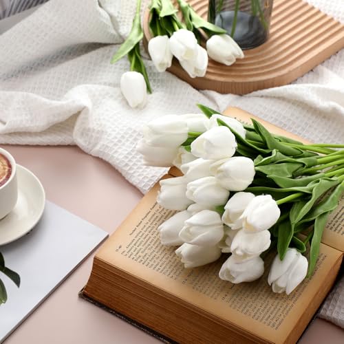 Janinka 75pcs Artificial Tulip Flowers Fake PU Tulips Faux Latex Bouquet Flower Centerpieces Arrangement Floral for Wedding Spring Decorations (1 Head,White) - color: White