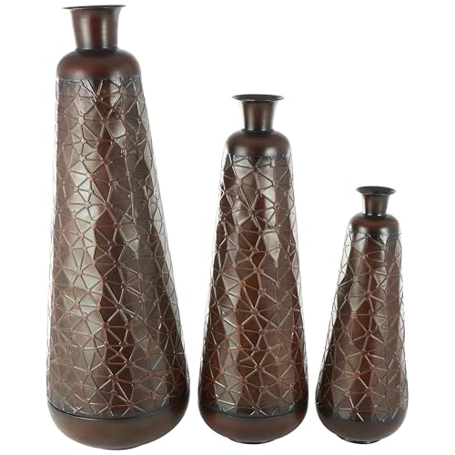 Deco 79 Metal Decorative Vase Tall Teardrop Shaped Centerpiece Vases with Hammered Texture, Set of 3 Vases for Home Decoration 53", 43", 32" H, Dark Brown - color: Dark Brown, size: 53", 43", 32"H