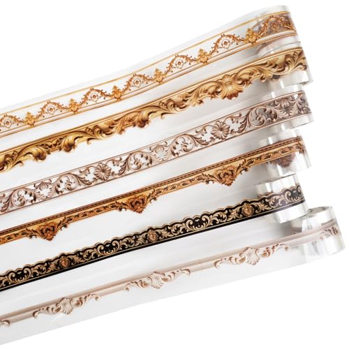 6 Rolls Vintage European PET Border Tape with Clip, Baroque Carved Look Peel and Stick Decorative Trim for Scrapbook Journal Collage Planner Crafts - color: European Carving