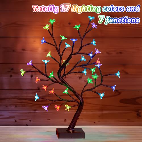 PEIDUO RGBW Cherry Blossom Tree, Light up Bonsai Tree 36 Color-Changing LED, Lit Spirit Tree Lamp with Controller for Christmas Indoor Home Bedroom Tabletop Decoration, USB/Battery Powered, 17.5 Inch - style: RGBW Cherry Blossom Tree