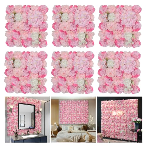 Flowers Wall Backdrop 6PCS 16.5x16.5 Inch Floral Wall Panel Artificial Silk Rose Decor Ideal for Wedding Celebrations, Festive Party Backdrops, and Elegant Home Decor - color: Pink, size: 16.5inch