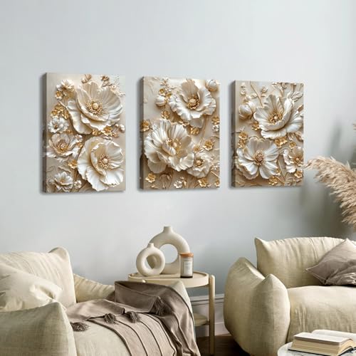 3 Pcs Modern Beige Gold Peony Floral Canvas Wall Art, Neutral Elegant 3d Beige Flowers Wall Painting White Blooming Floral Pictures Posters Art Print Home Decor for Bedroom Living Room Office 16x24x3 - color: Flower-gold peony, size: 16"x24"x3Pcs