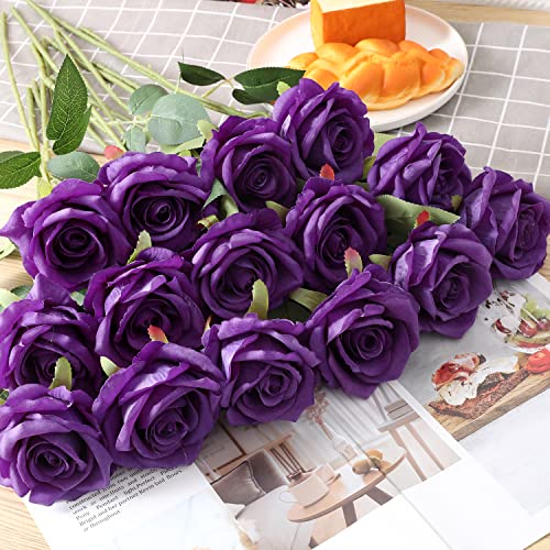 15Pcs Purple Roses Artificial Flowers Fake Roses Long Stem Velet Rose Silk Flowers for Home Wedding Decoration (Round Roses,Pure Purple) - color: Round Roses,pure Purple 15p
