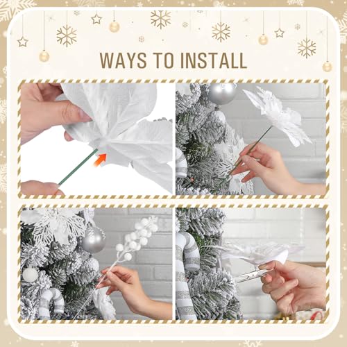 Alupssuc 24 Pieces Christmas Tree Decorations, 12 PCS White Poinsettia Flowers Artificial and 12 PCS Glitter Christmas Tree Picks for Christmas Decorations Party Wreath Fireplace Stairs, White - color: White