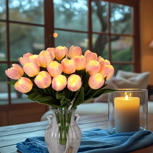 HOMESEASONS 20 Stems LED Lighted Artificial Flowers Tulip Lamp Real Touch Tulips Faux Flower Lights for Valentine's Day and Easter Home Kitchen Wedding Dining Table Decor(Pink) - color: Pink