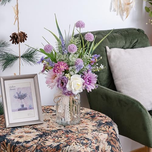 LUEUR Artificial Faux Flowers in Vase-Fake Purple Transvaal Daisy and Dandelion Flowers with Vase for Spring Decor Arrangement Decor Home Coffee Table Decor Dining Room - color: Purple & White
