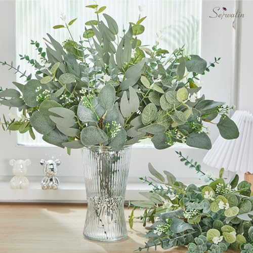 Serwalin 70pcs Artificial Mixed Eucalyptus Stems Leaves Bulk, 4Kinds Fake Greenery Silver Dollar Eucalyptus Leaves Picks,Faux Greenry Stems Sprays for DIY Bouquets Floral Arrangement Home Decor - color: Attractive Forest Green-70pcs