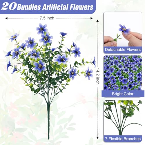 Bassion 20 Bundles Artificial Flowers for Outdoors Decorations, UV Resistant Faux Plants Fake Silk Flowers for Outside Daisy Hanging Planters Window Box Front Door Porch Patio Yard Home Decor - color: Blue