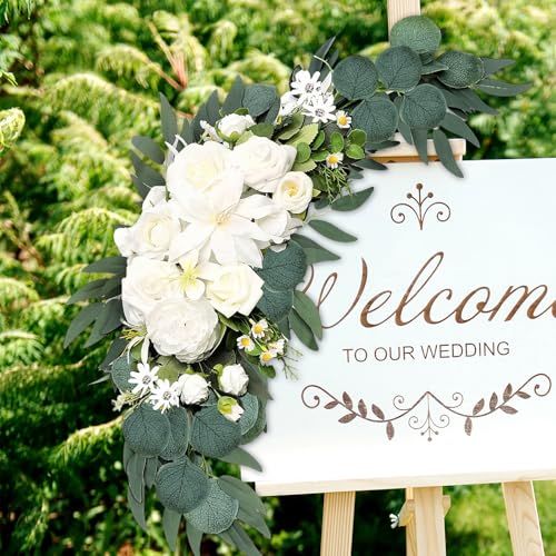 Wedding Arch Flowers 2 Pack, Artificial White Roses and Greenery Swag for Welcome Sign Decorations, Ceremony Backdrop, Reception Arch Decor - color: White